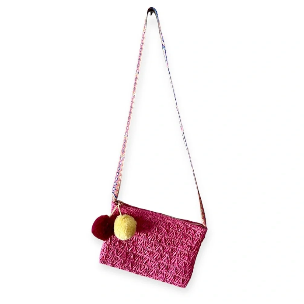 Old Navy Pink Woven Kids Crossbody Bag with Pom Poms